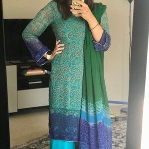 Blue Green Pakistani Indian long shirt and dupatta